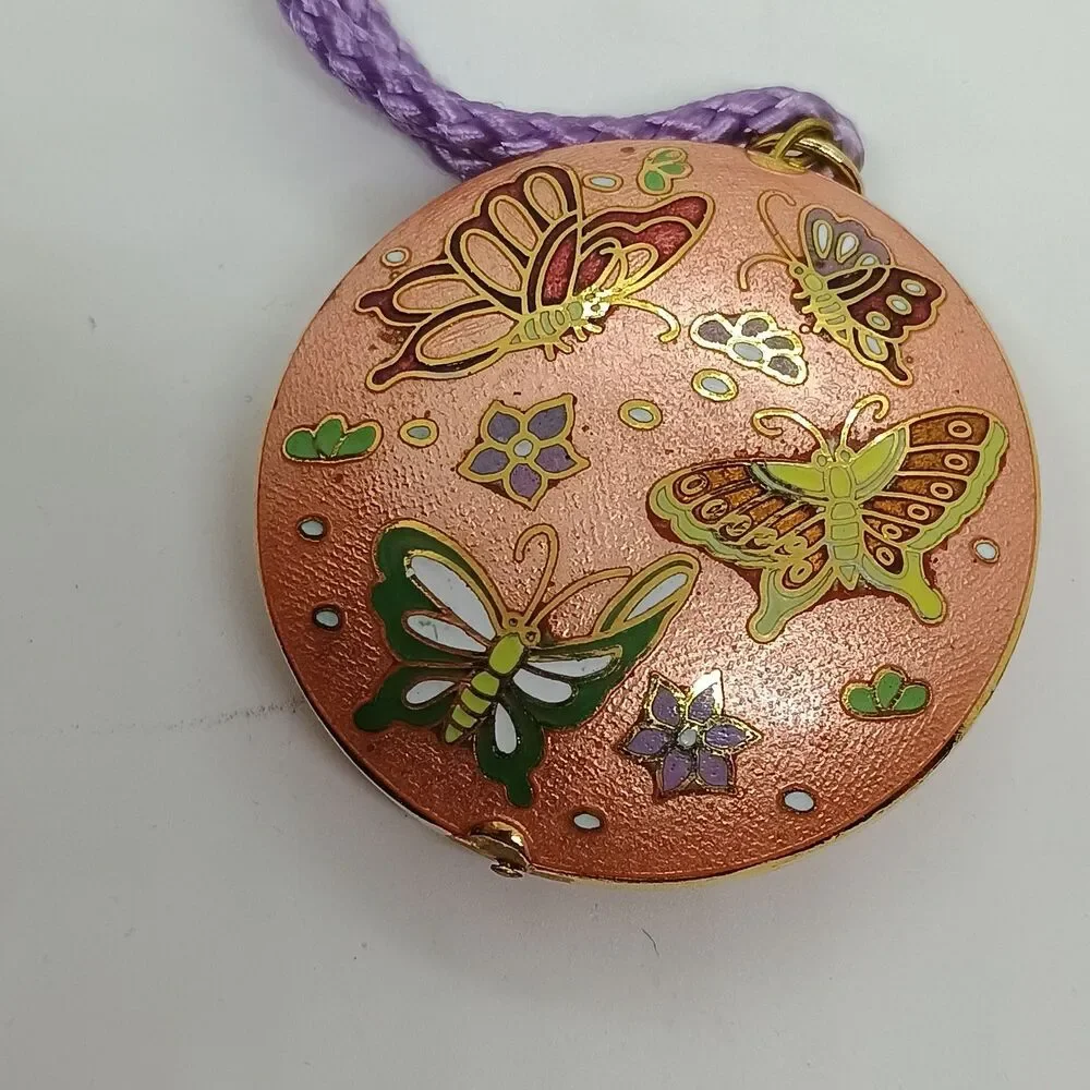 Cloisonne Butterfly Pendant Necklace Peach Enamel Art